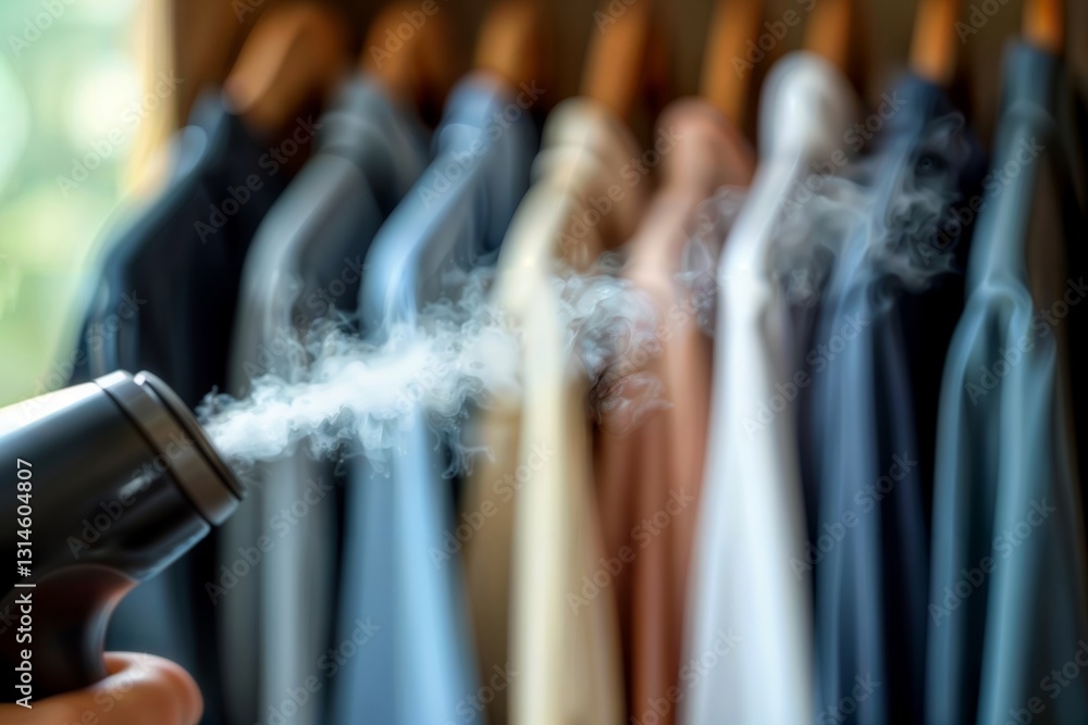 Steaming shirts in closet for garment care. Close-up on a hand using a black portable steamer to refresh shirts hanging in a wooden closet, emphasizing fabric care.