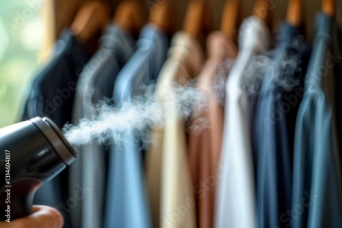 Obraz na płótnie Steaming shirts in closet for garment care. Close-up on a hand using a black portable steamer to refresh shirts hanging in a wooden closet, emphasizing fabric care. w salonie