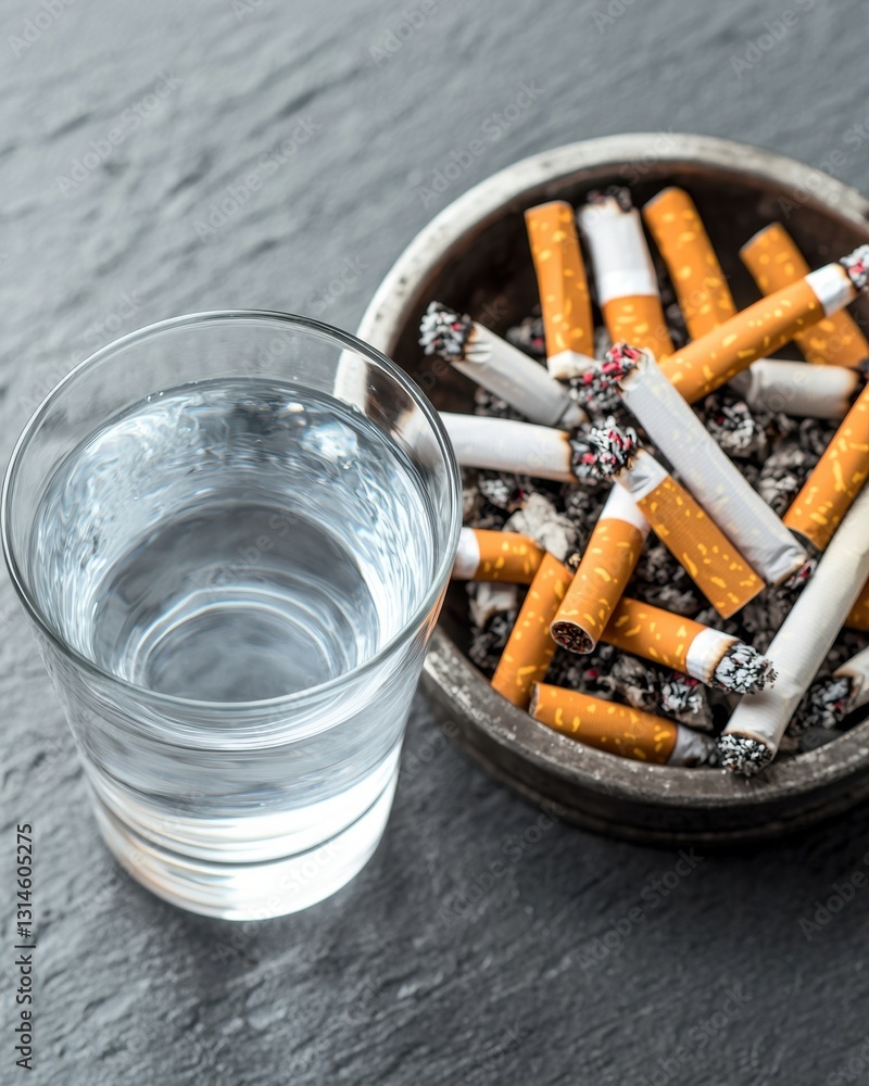 Giving up smoking concept. Glass of water beside a bowl of discarded cigarettes Giving up smoking concept. Glass of water beside a bowl of discarded cigarettes