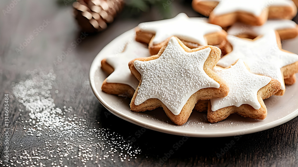 Plate Of Star Shaped Christmas Cookies Decorated With White Icing And Sprinkles On A Rustic Wooden Table Plate Of Star Shaped Christmas Cookies Decorated With White Icing And Sprinkles On A Rustic Wooden Table