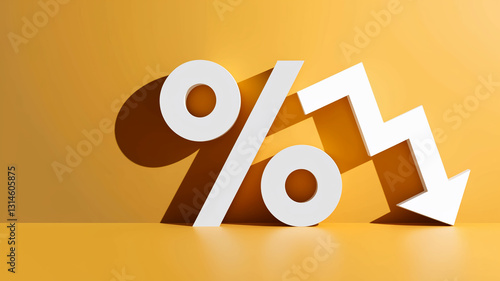 White percentage symbol with downward arrow on amber background, illustrating decrease, decline, or fall in percentage rate, suitable for financial or economic presentations