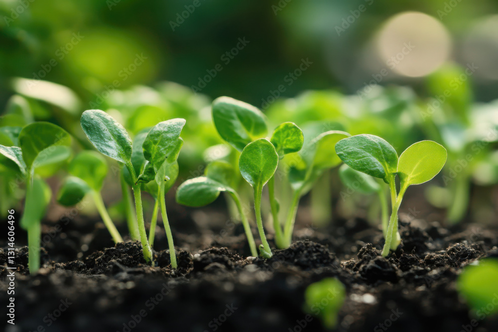 Growing seedlings emerging from rich soil in soft natural light Growing seedlings emerging from rich soil in soft natural light
