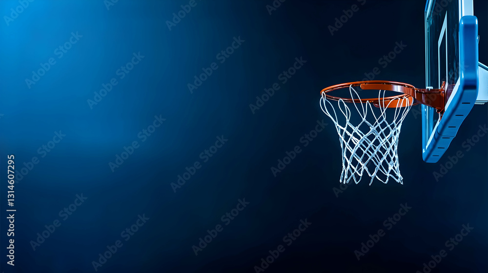 Close Up of an Illuminated Basketball Hoop and Net Against a Dark Blue Background in a Sports Arena Setting Close Up of an Illuminated Basketball Hoop and Net Against a Dark Blue Background in a Sports Arena Setting