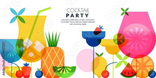 Cocktails party banner, poster. Vector illustration of alcoholic drinks and fruits. Bar cocktail menu design elements