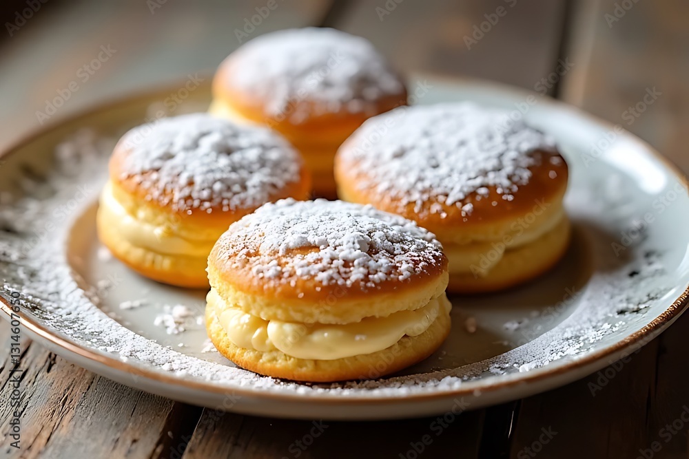 Delicious cream-filled donuts bakery food photography rustic setting close-up dessert indulgence Delicious cream-filled donuts bakery food photography rustic setting close-up dessert indulgence