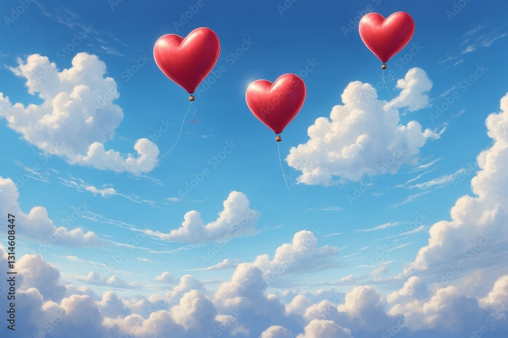 Red heart balloons floating in a blue sky with clouds Red heart balloons floating in a blue sky with clouds