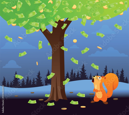 Cartoon Squirrel Under Money Tree with Dollar Bills