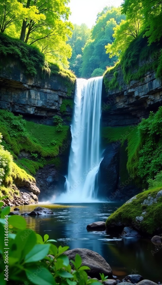 Obraz premium Stunning waterfall at Lathkill Dale with lush greenery and cascading water, stream, nature, Derbyshire