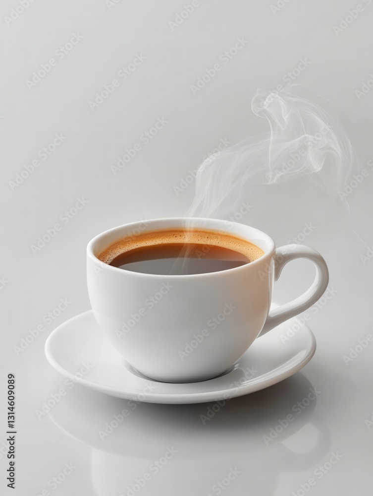 Elegant cup of dark coffee with rising steam on a white saucer against a gray background studio shot Elegant cup of dark coffee with rising steam on a white saucer against a gray background studio shot