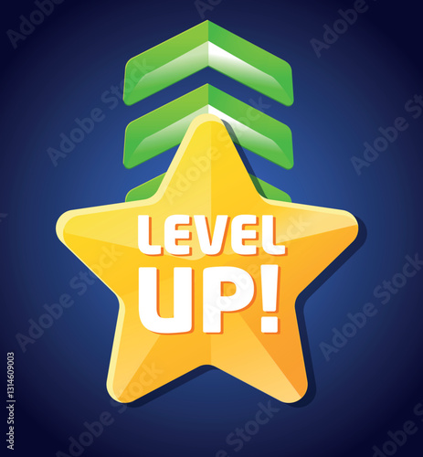 Level Up Badge with Green Arrows and Star. Growth and Progress Symbol with Upward Arrows