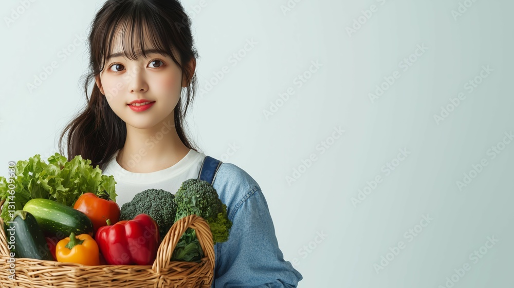 かごに入った野菜を持つ日本人美少女 かごに入った野菜を持つ日本人美少女
