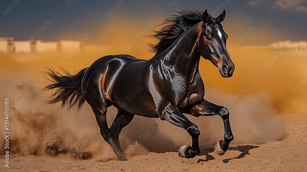 Dark horse running in desert at sunset; background buildings. Possible use nature, animal, wildlife, sports, motion, action Dark horse running in desert at sunset; background buildings. Possible use nature, animal, wildlife, sports, motion, action