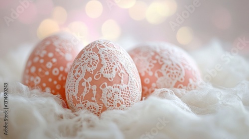 Beautifully crafted eggs adorned with intricate lace patterns rest gently in a fluffy white background, capturing the essence of spring and festive elegance