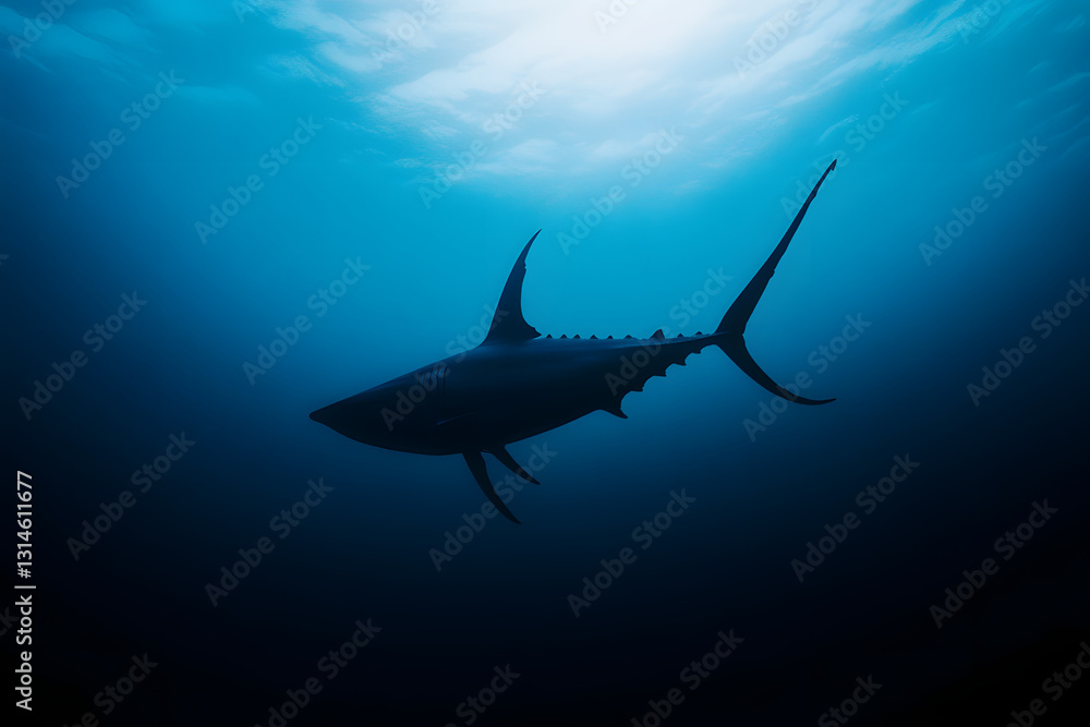 Fototapeta premium Ocean's Enigma: Shark Silhouette in Deep Blue Waters