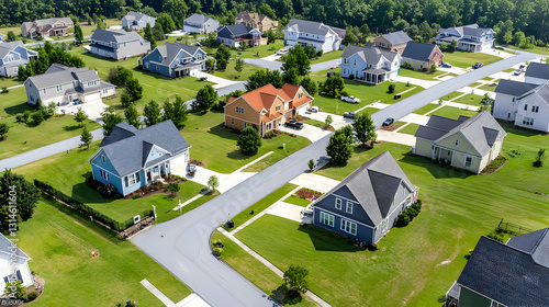 Aerial View Of Lush Green Suburban Neighborhood With Colorful Houses On A Sunny Summer Day