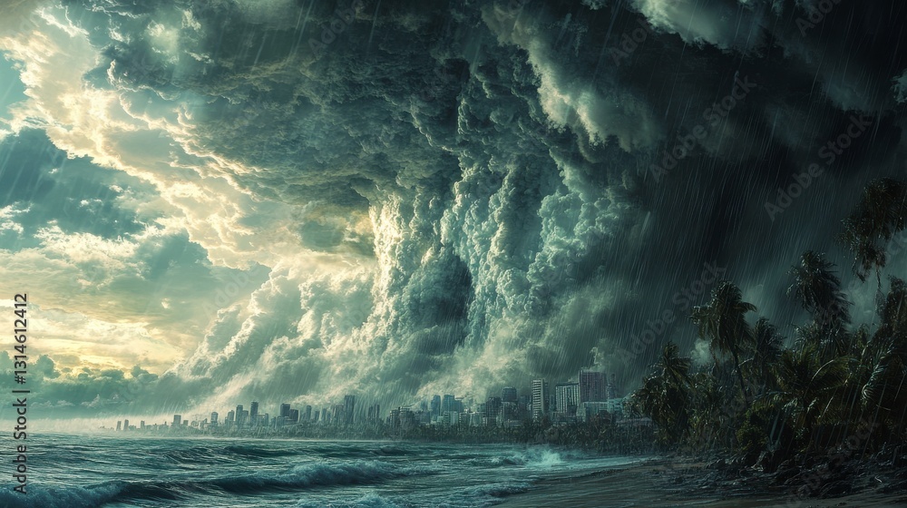 A dramatic scene of dark, swirling storm clouds looming over a coast, with a city skyline visible under an ominous sky. A dramatic scene of dark, swirling storm clouds looming over a coast, with a city skyline visible under an ominous sky.
