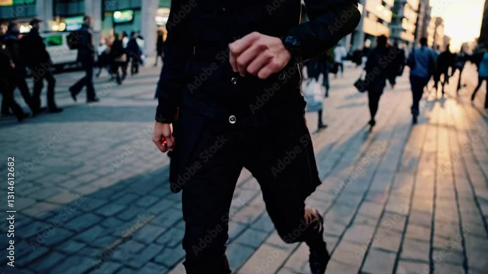 Dynamic City Pace: A person strides purposefully through a bustling urban environment, the vibrant city life swirling around them. Dynamic City Pace: A person strides purposefully through a bustling urban environment, the vibrant city life swirling around them.