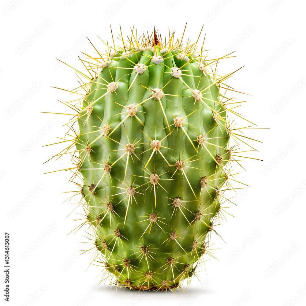 Green Cactus with Yellow Spines on a White Background Green Cactus with Yellow Spines on a White Background