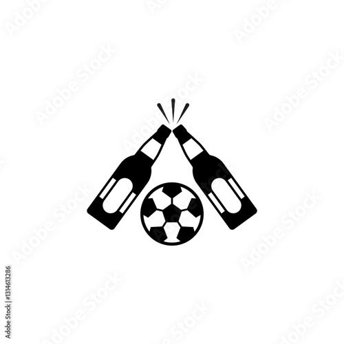 Beer bottles and soccer ball icon. Two beer bottles clinking above a soccer ball, representing celebration, football festival and sporting event.