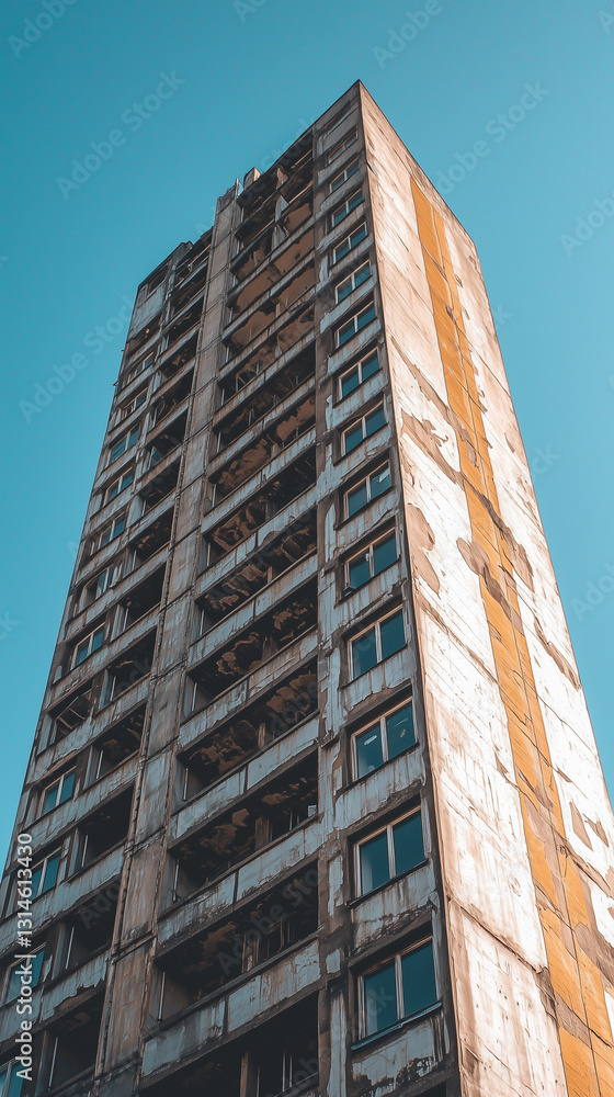 Abandoned high-rise building with peeling paint and broken balconies against a clear blue sky, symbolizing urban decay and neglect Abandoned high-rise building with peeling paint and broken balconies against a clear blue sky, symbolizing urban decay and neglect