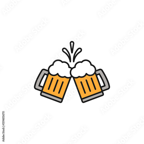Two glass mugs of beer are clinked together with cheers and toasting. Vector icon. Isolated illustration on white background.