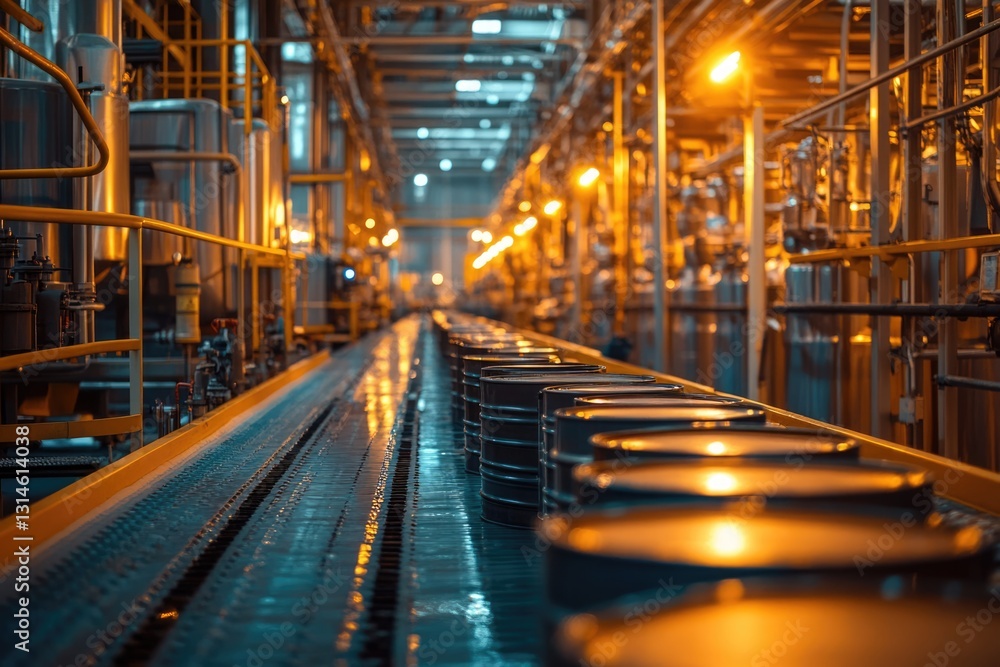 Fototapeta premium Industrial Conveyor Belt with Metal Barrels at Factory