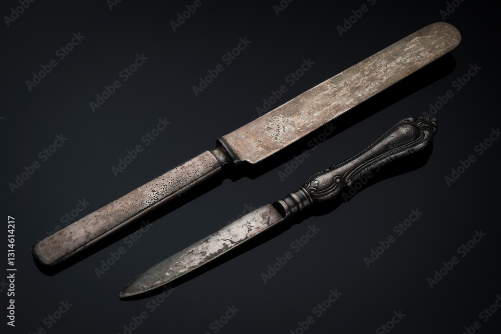 Two old knives on a dark gradient background Two old knives on a dark gradient background