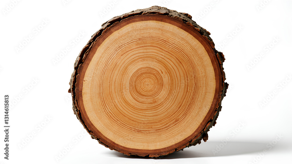 A cross-section of a tree trunk displaying concentric growth rings and a natural bark edge. A cross-section of a tree trunk displaying concentric growth rings and a natural bark edge.