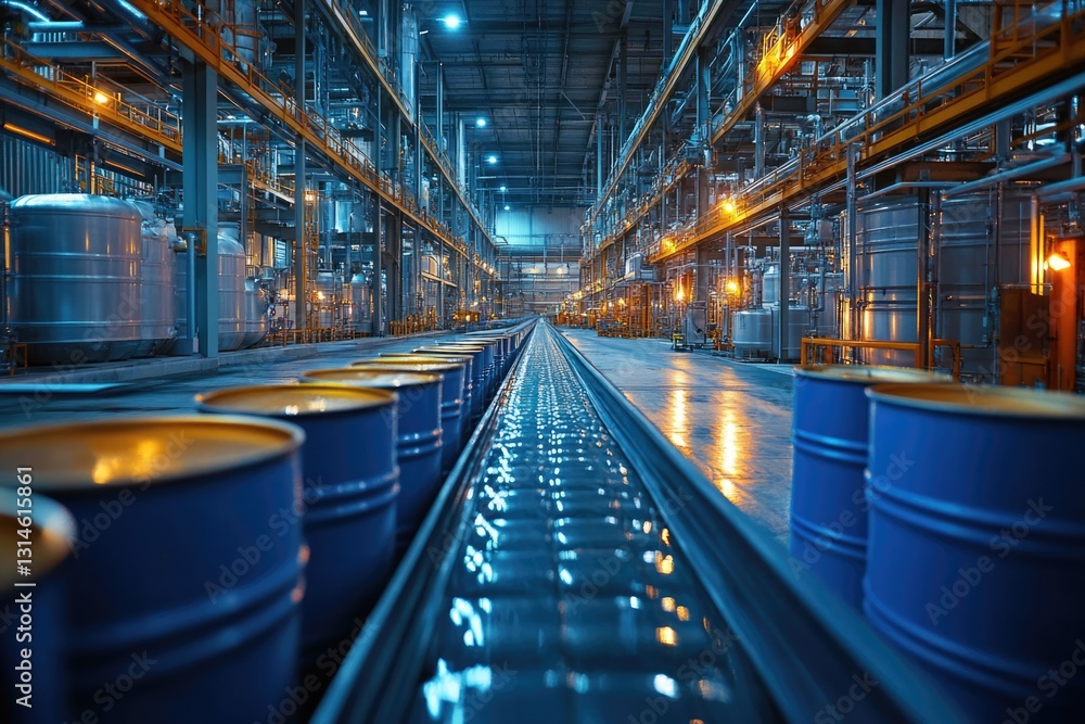 Naklejka premium Industrial Factory Interior with Conveyor Belt and Barrels