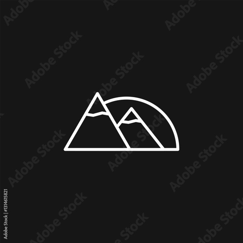 Icon of mountain and sun. Two mountains and sunset or sunrise depicted in a line style on dark black background. Minimal outline vector illustration.