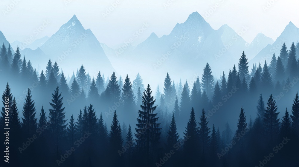 Obraz premium Misty pine forest with soft sun rays piercing through