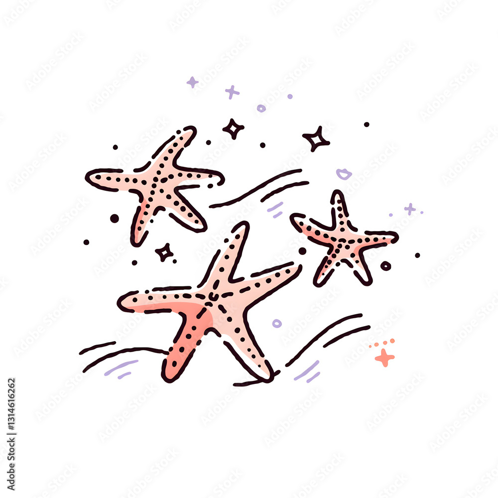 Happy three Starfishes drawing, ornamental linework with natural motifs and Purple Corals Happy three Starfishes drawing, ornamental linework with natural motifs and Purple Corals
