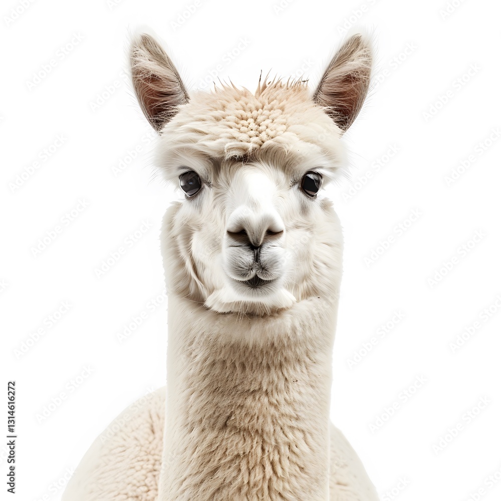 Obraz premium Close-Up Portrait of a Soft-Furred White Alpaca with Expressive Eyes