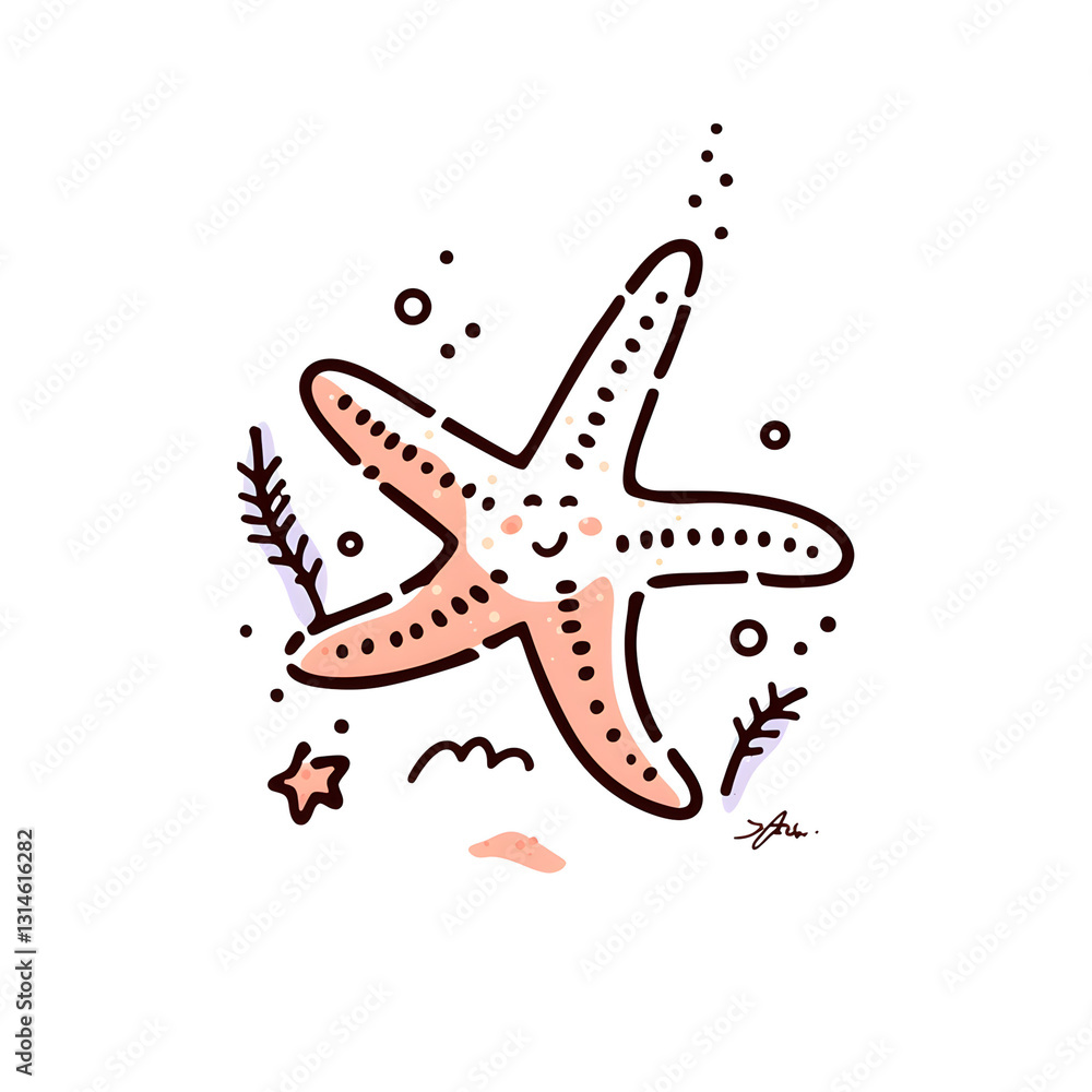 Happy orabge Starfish drawing, ornamental linework with natural motifs and Purple Corals Happy orabge Starfish drawing, ornamental linework with natural motifs and Purple Corals