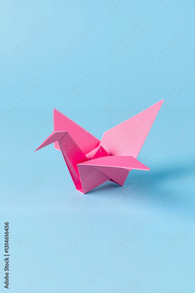 Pink origami crane on a light blue background showcasing craftsmanship and creativity Pink origami crane on a light blue background showcasing craftsmanship and creativity