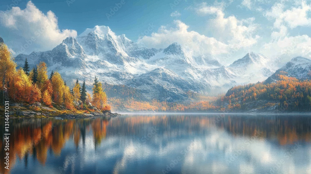 Obraz premium A serene landscape featuring majestic mountains, autumn trees, and a calm lake reflecting the vibrant colors of nature.