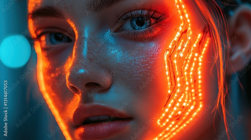 Neon Face: Futuristic Portrait of a Woman with LED Lights on her Cheek Neon Face: Futuristic Portrait of a Woman with LED Lights on her Cheek