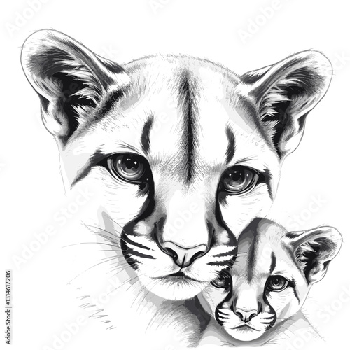 Mother cougar and cub together, loving and protective, black and white illustration, copy space