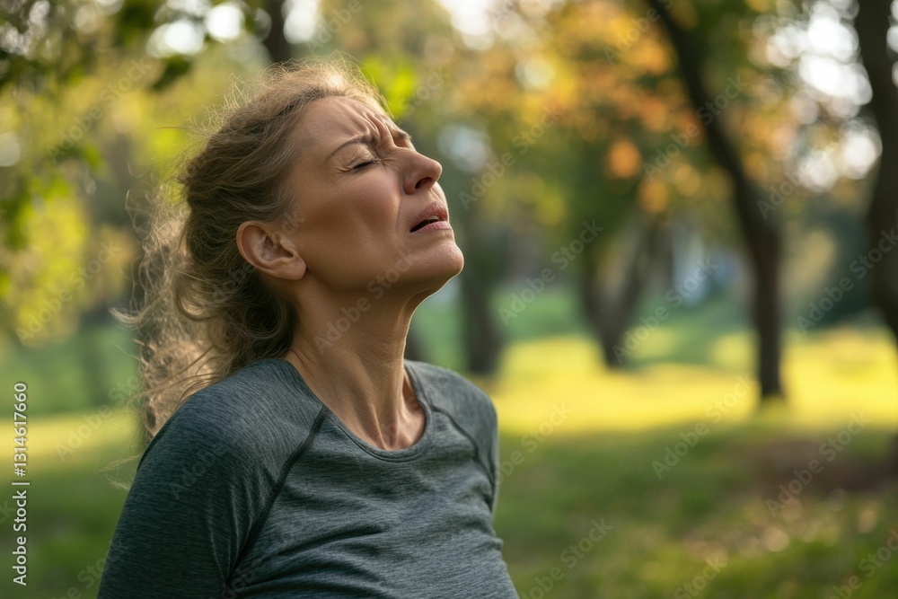 Wheezing: Middle Age Woman Suffering from Chest Pain in a Park Wheezing: Middle Age Woman Suffering from Chest Pain in a Park