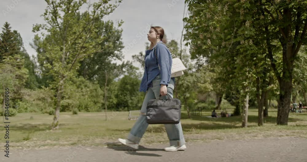 Young business woman walks through a park in casual Friday work attire holding a laptop bag and purse. She stops and wipes sweat from her forehead as she walks down a path. Young business woman walks through a park in casual Friday work attire holding a laptop bag and purse. She stops and wipes sweat from her forehead as she walks down a path.