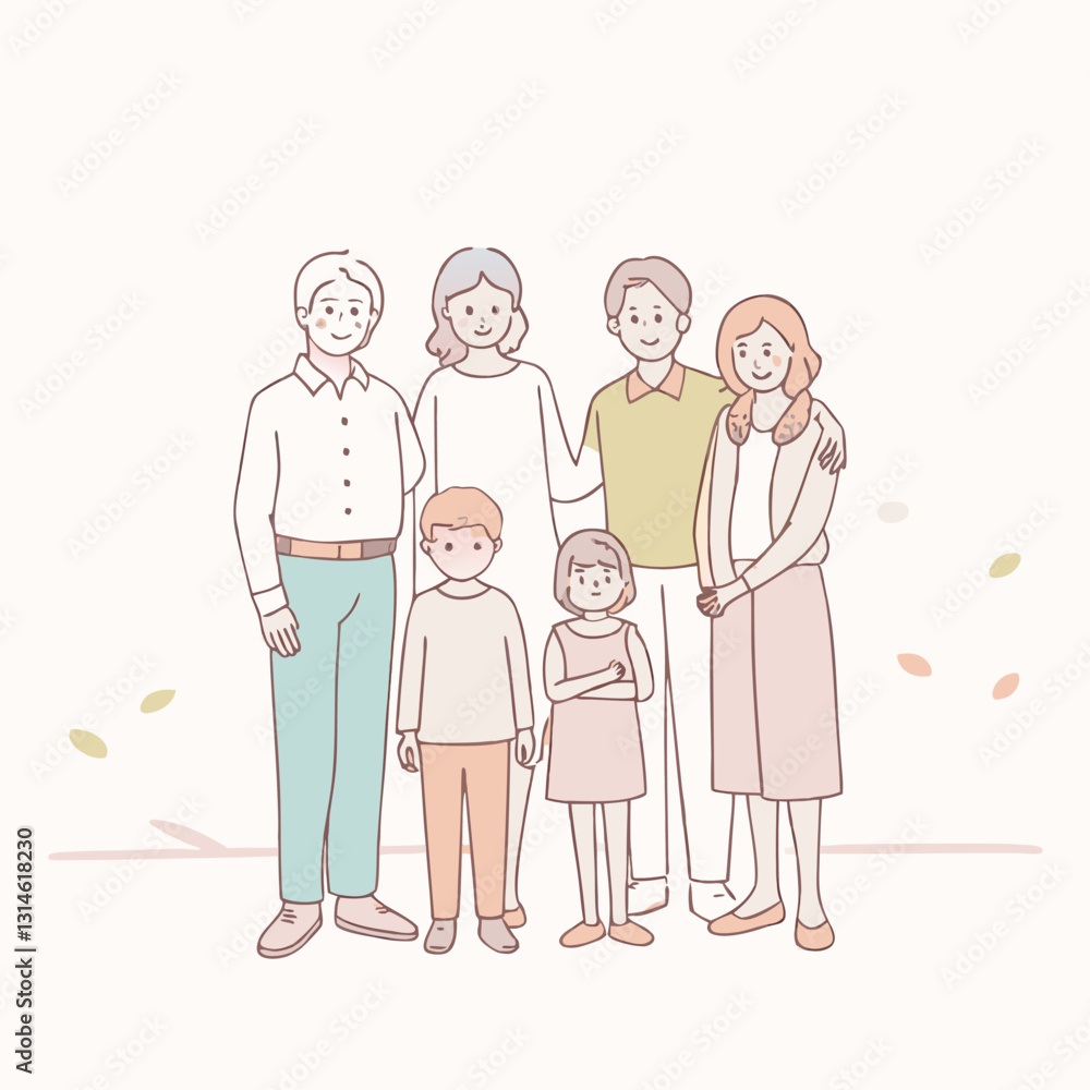 Happy big family standing together flat vector illustration. Grandma, grandpa, mom, dad, children vector design illustrations. Happy big family standing together flat vector illustration. Grandma, grandpa, mom, dad, children vector design illustrations.