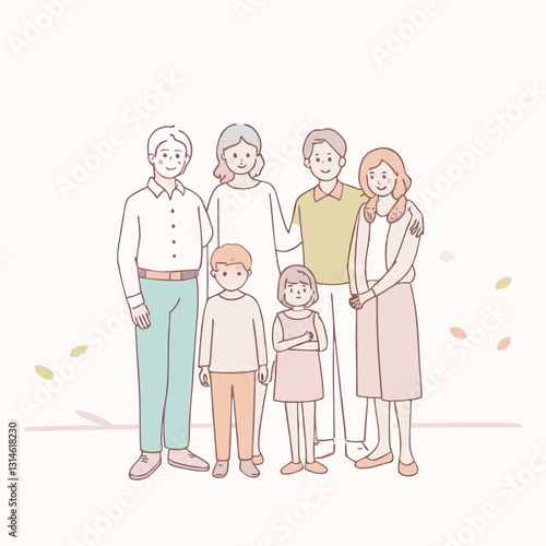 Happy big family standing together flat vector illustration. Grandma, grandpa, mom, dad, children  vector design illustrations.