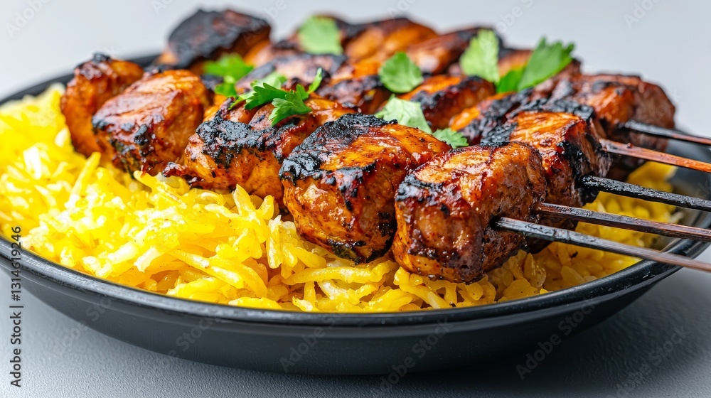 Grilled Chicken Kebabs on Aromatic Yellow Rice with Fresh Herbs Grilled Chicken Kebabs on Aromatic Yellow Rice with Fresh Herbs
