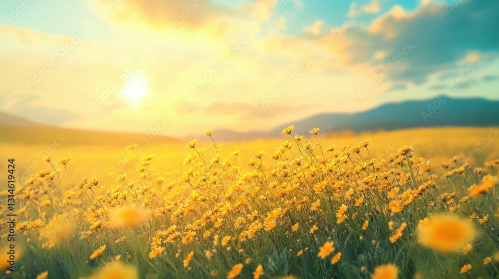 Fototapeta premium Yellow Yarrow Blooming in Summer Field. Unusually Beautiful Flower Inflorescence