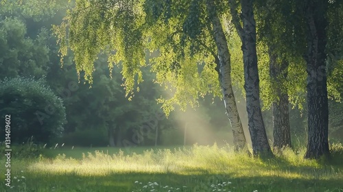 Sunlight streams through birch trees in a tranquil forest meadow