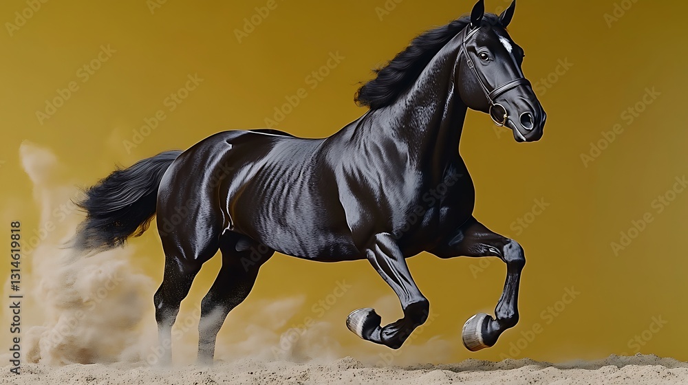 Black horse running, gold background, action shot, studio Black horse running, gold background, action shot, studio