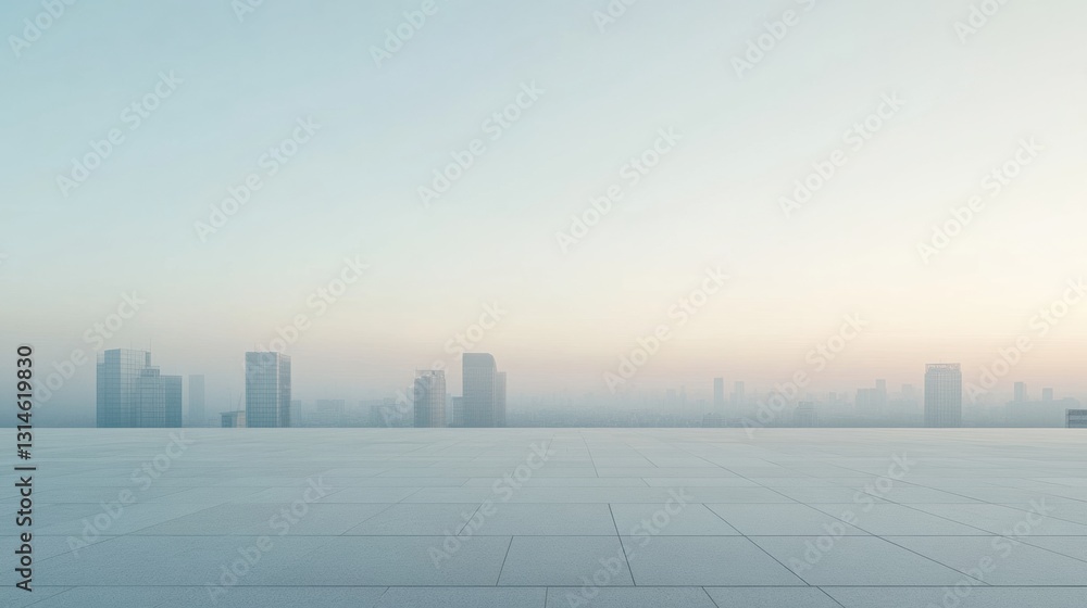 Minimalistic urban landscape showcasing distant skyscrapers under a wide clear sky bathed in morning light, offering empty spaces for inscriptions Minimalistic urban landscape showcasing distant skyscrapers under a wide clear sky bathed in morning light, offering empty spaces for inscriptions