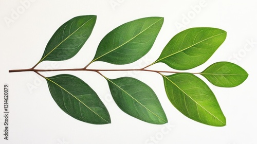 Individual Green Leaves on Branch Isolated on White Background