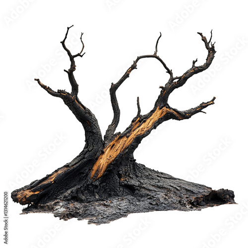Burned Tree Lying on the Ground After Wildfire Isolated on Transparent Background