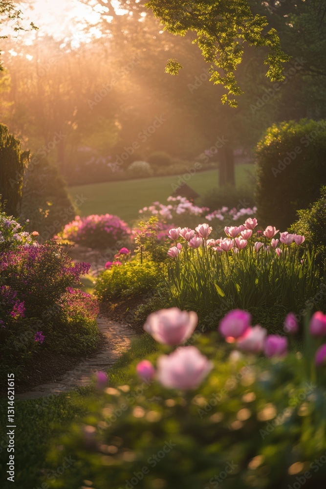 Naklejka premium Beautiful garden with colorful flowers.